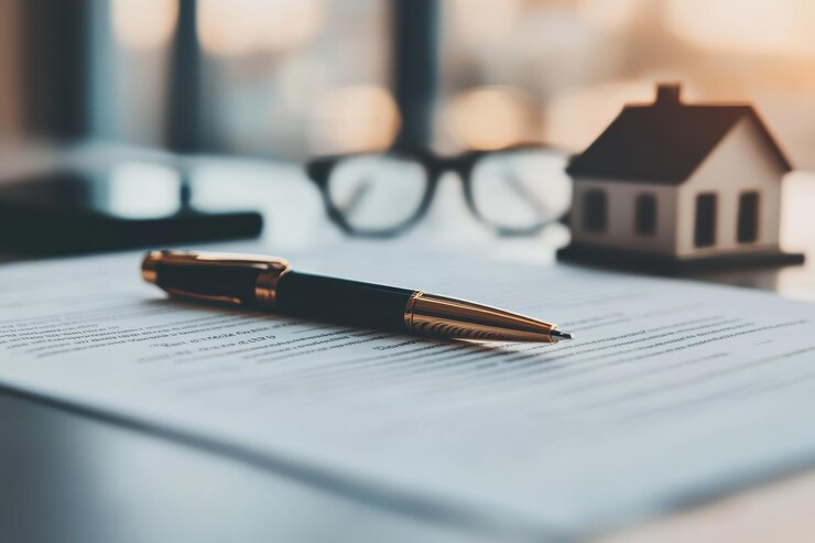 Formulario de contrato hipotecario con modelo de pluma y casa