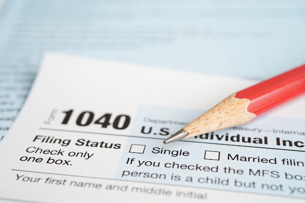 Formulário de imposto 1040 Conceito de finanças de negócios de declaração de imposto de renda individual dos EUA