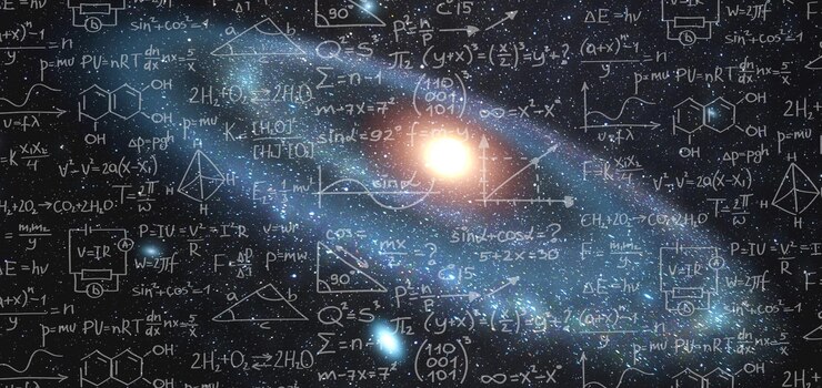 Foto fórmulas matemáticas e físicas contra o fundo de uma galáxia no universo espaço de fundo