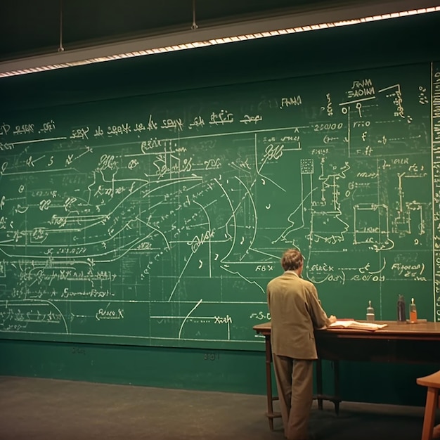 Fórmulas matemáticas escritas con tiza blanca en la pizarra verde