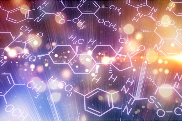 Foto fórmulas de química científica sobre fondo abstracto bokeh