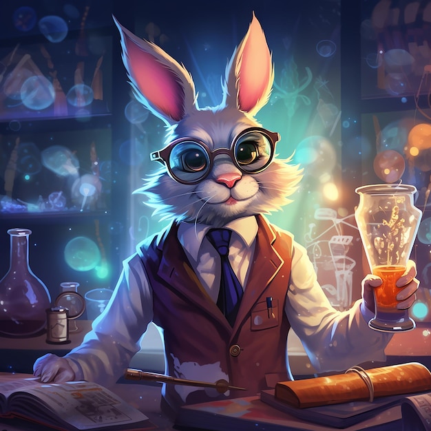 Fórmulas químicas y ilustración de animación de conejo inteligente