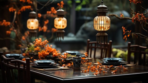 Fornieground closeup vista de uma mesa de jantar vazia em estilo indochino Fundo de uma casa em estilo asiático