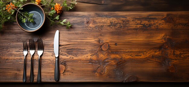 Forquilla y cuchillo de espacio vacío en fondo de madera Establecimiento de la mesa vacío en la mesa de madera Vista de arriba