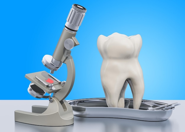 Forschung und Diagnostik von Zahnkrankheiten Konzept Labormikroskop mit 3D-Darstellung menschlicher Zähne