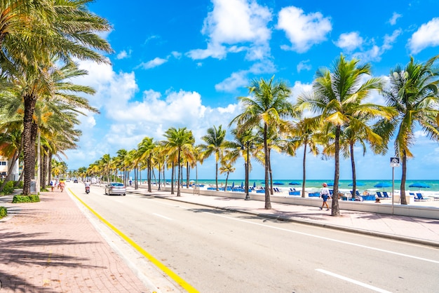 Fort lauderdale, flórida, eua - 20 de setembro de 2019: passeio marítimo à beira-mar com palmeiras em um dia ensolarado em fort lauderdale