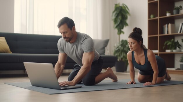 Fortalecimiento del núcleo y mantenerse en forma Entrenamiento en casa de una pareja atlética con video en línea