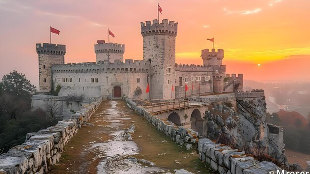 Foto fortaleza medieval com muralhas de castelo torres ponte levada e bandeiras reais conceito castelos medievais arquitetura histórica fortaleza design bandeiras reais mecanismos de ponte levada