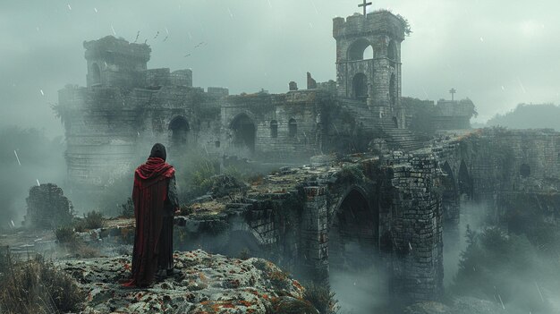 Una fortaleza en ruinas con murallas derrumbadas en el fondo