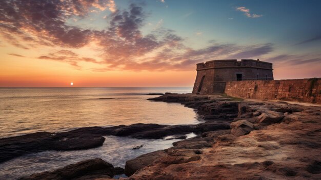 Forte costeiro a tomar banho num pôr-do-sol sereno