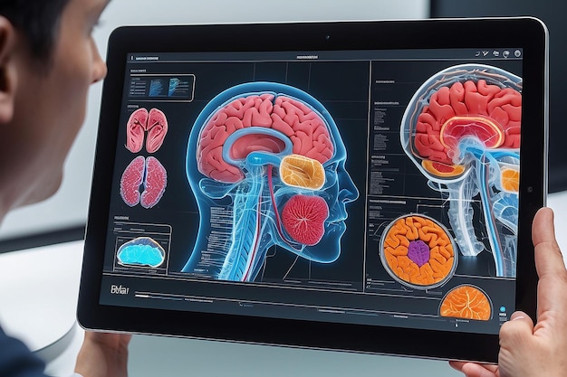 Fortgeschrittene dreidimensionale menschliche Gehirnsimulation, die von innerhalb eines Tablets betrachtet wird