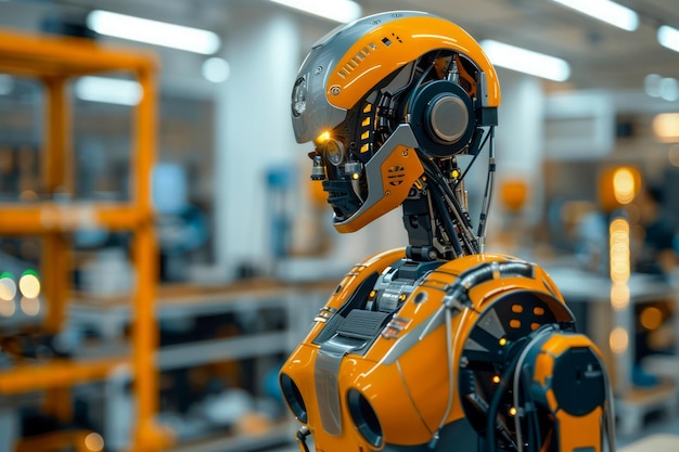 Fortgeschrittener humanoider Roboter mit künstlicher Intelligenz in einer Hightech-Fabrik