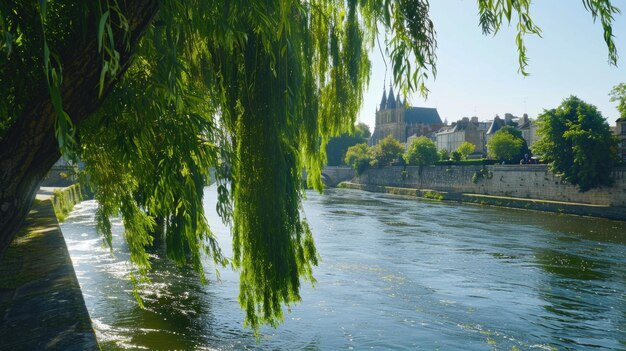 Fortificaciones de Le Mans hermoso río Sarthe y muelle con impresionantes sauces y catedral