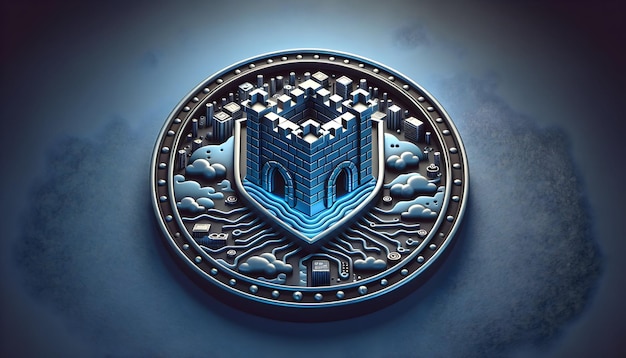 Fortress Badge Signifying Impenetrable Firewall Protection in Cyber Security Theme Foto Realista A insígnia da fortaleza significa proteção impenetrável contra firewalls na segurança cibernética