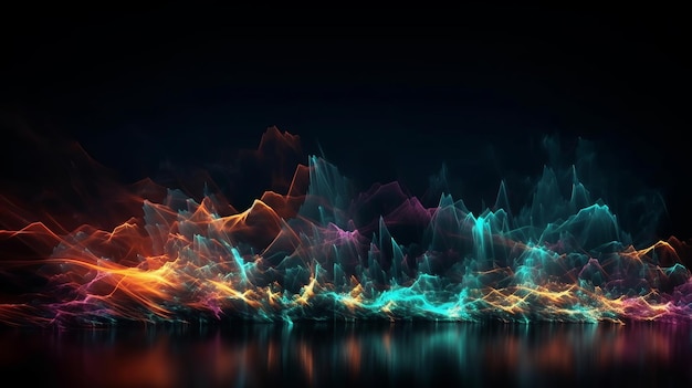 Fortschrittliche neonfarbene Lichtlinien, die nachts Wolken über einem trüben Fundament kreuzen. Kreative Ressource AI generiert