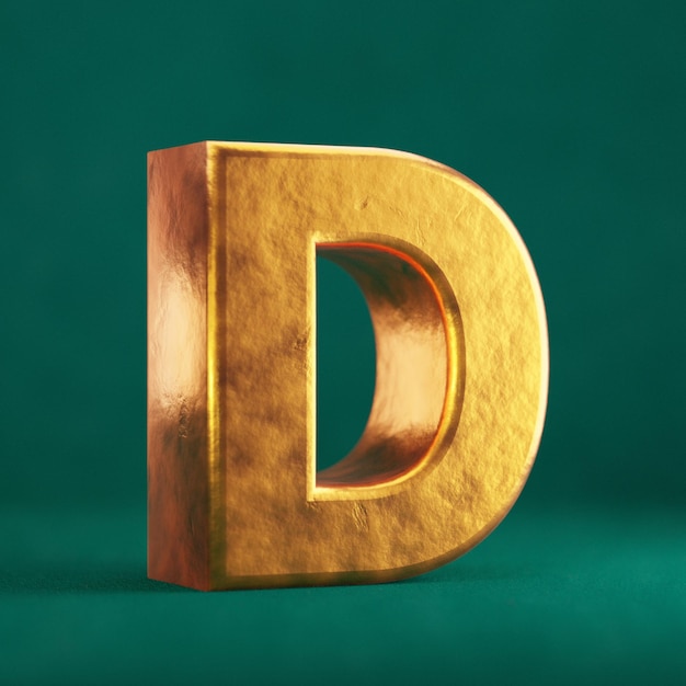 Fortuna Gold Letter D Großbuchstaben auf Tidewater Green Hintergrund. Symbol für die Trendfarbe der Schriftart. 3D-Rendering.