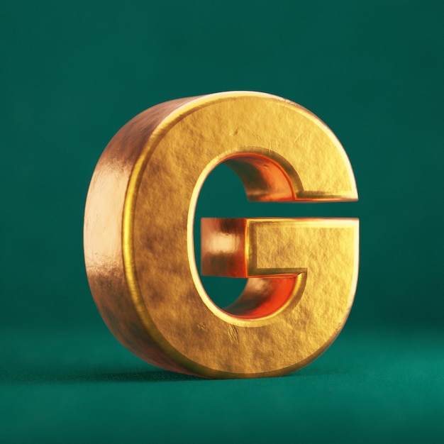 Fortuna Gold Letter G mayúscula sobre fondo verde Tidewater. Símbolo de tipo de fuente de color de tendencia. Render 3D.