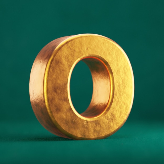 Fortuna Gold Letter O Großbuchstaben auf Tidewater Green Hintergrund. Symbol für die Trendfarbe der Schriftart. 3D-Rendering.