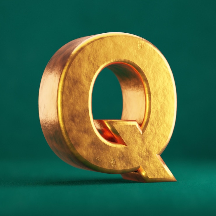 Foto fortuna gold letter q mayúscula sobre fondo tidewater green. símbolo de tipo de fuente de color de tendencia. render 3d.