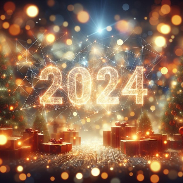 Foto fortunado año nuevo dentro de la luz de bokeh y el fondo de texto de 2024