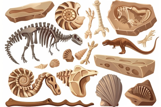 Fosiles de dinosaurios enterrados conchas de caracol paleontología encuentra Ilustración con reptiles prehistóricos y amonitas39 huesos Vector