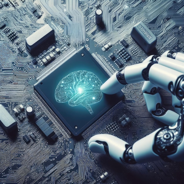 Foto 2d-Illustration abstrakt futuristischer elektronischer Schaltkreistechnologie Hintergrund mit Roboterhand