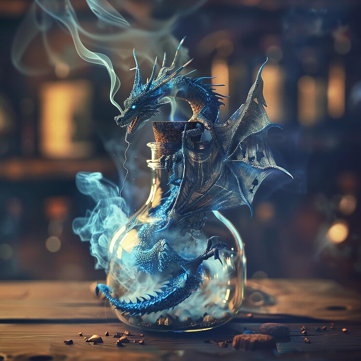 Foto foto en 3d de una botella azul con un dragón en ella y un dragone en el medio