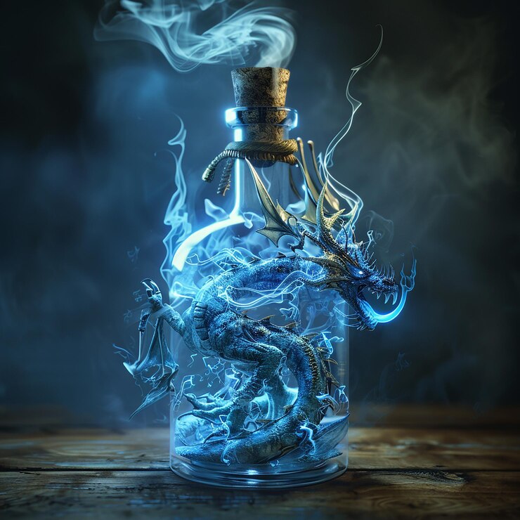 Foto foto en 3d de una botella azul con un dragón en ella y un dragone en el medio