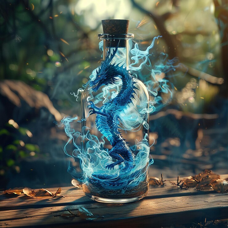 Foto foto en 3d de una botella azul con un dragón en ella y un dragone en el medio