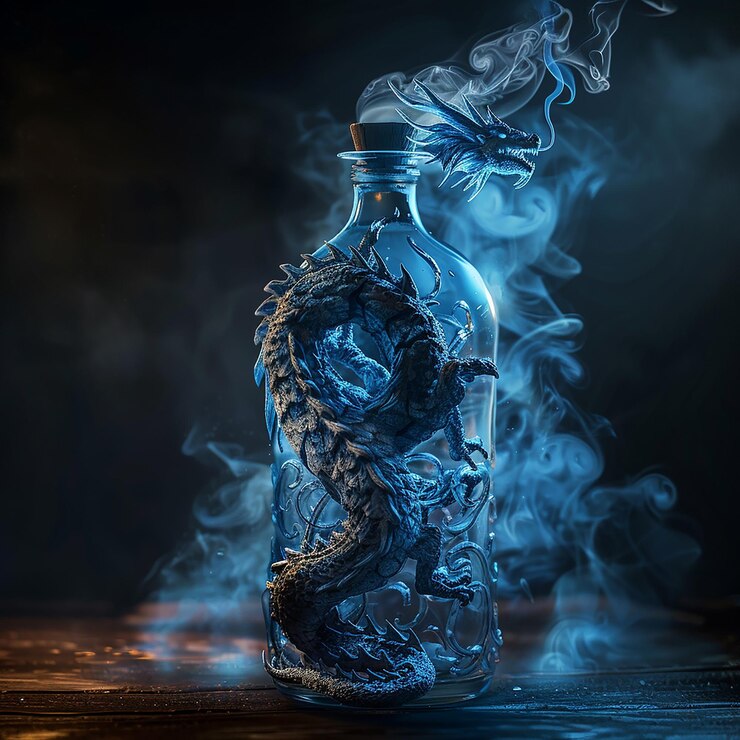 Foto foto en 3d de una botella azul con un dragón en ella y un dragone en el medio