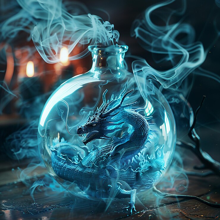 Foto foto en 3d de una botella azul con un dragón en ella y un dragone en el medio