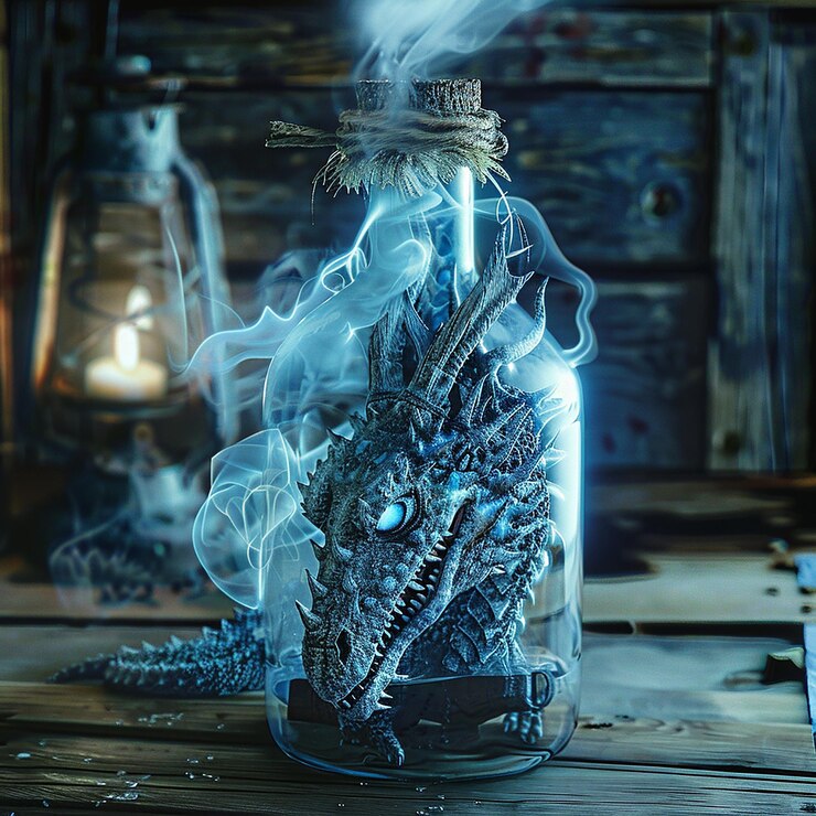 Foto foto en 3d de una botella azul con un dragón en ella y un dragone en el medio