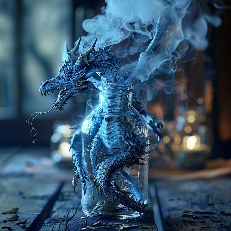 Foto foto en 3d de una botella azul con un dragón en ella y un dragone en el medio