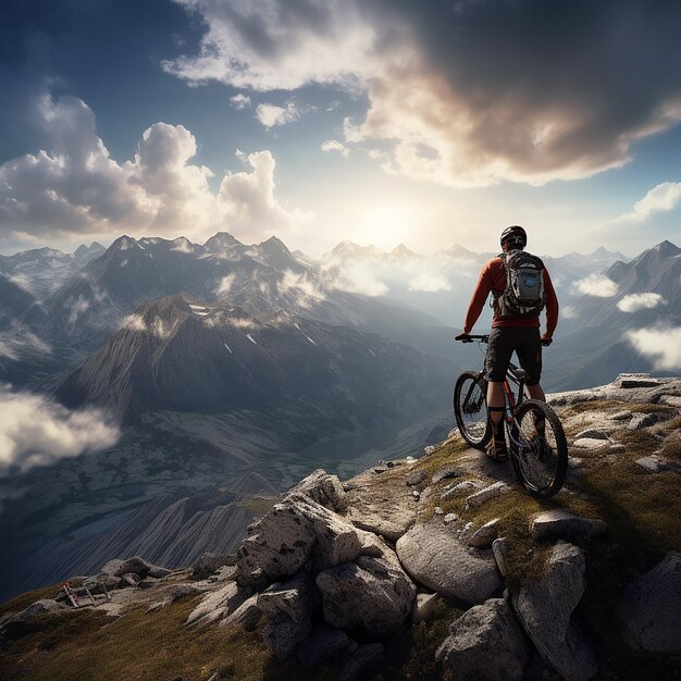 Foto foto en 3d de un ciclista de montaña en la cima de la montaña