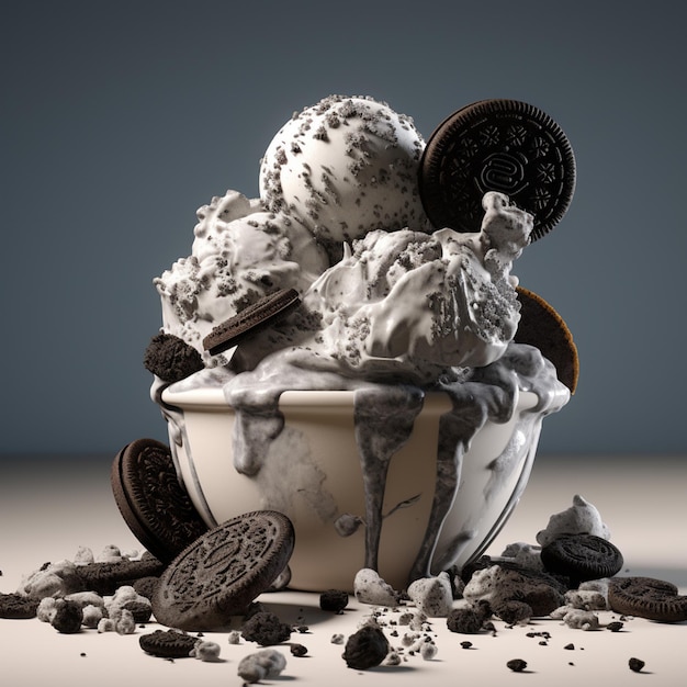 Foto 3D de biscoitos e sorvete cremoso