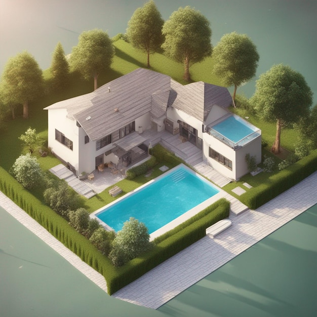 Foto 3D de casa isométrica dentro do jardim externo e papel de parede da piscina