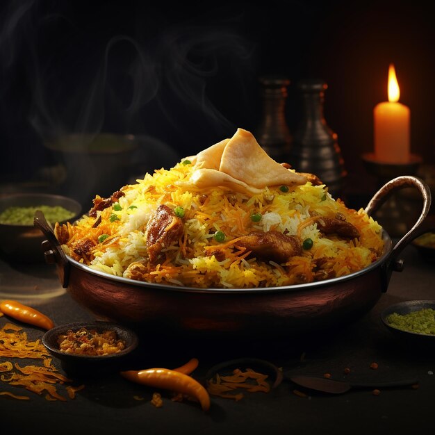 Foto 3D de delicioso biryani quente e picante feito com AI generativo