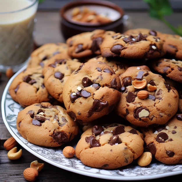 Foto 3D de deliciosos biscoitos de chocolate no fundo abstrato