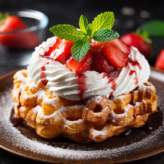 Foto foto 3d de deliciosos waffles com creme e bagas feitos com aii generativo