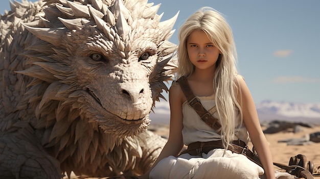 Foto 3D de menina com dragão