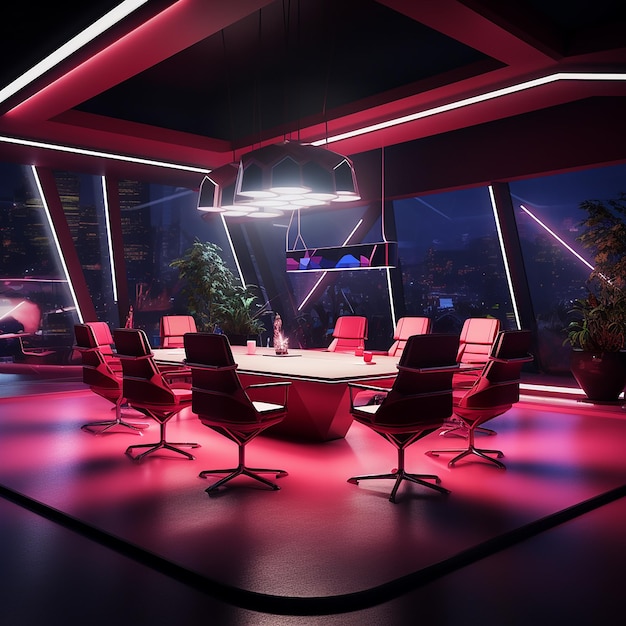 Foto 3D de uma sala de conferências moderna com mesa e cadeiras feitas com IA generativa