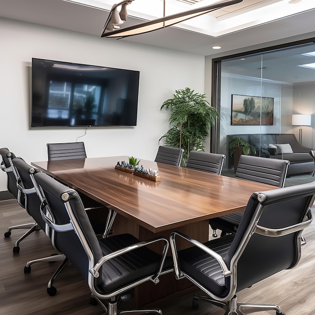 Foto foto 3d de uma sala de conferências moderna com mesa e cadeiras feitas com ia generativa