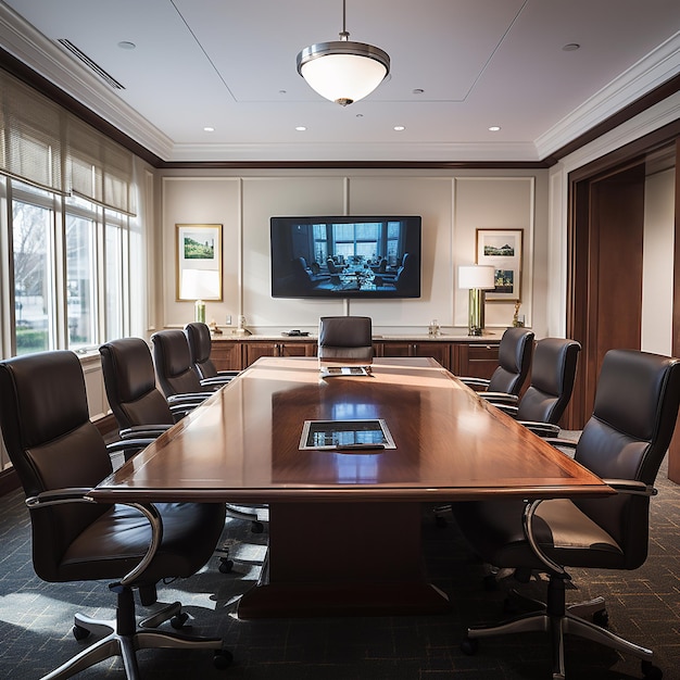 Foto foto 3d de uma sala de conferências moderna com mesa e cadeiras feitas com ia generativa