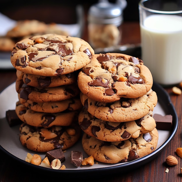 Foto en 3D de deliciosas galletas de chocolate en el fondo abstracto