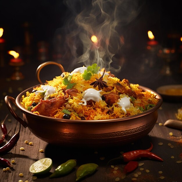 Foto en 3D de un delicioso biryani caliente y picante hecho con AI generativa