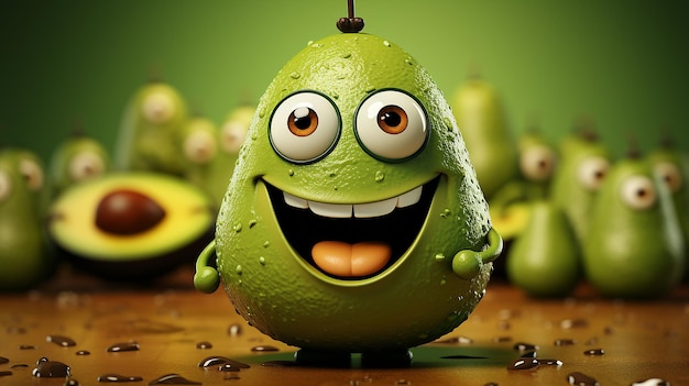 Foto 3D del diseño del personaje de la fruta del aguacate