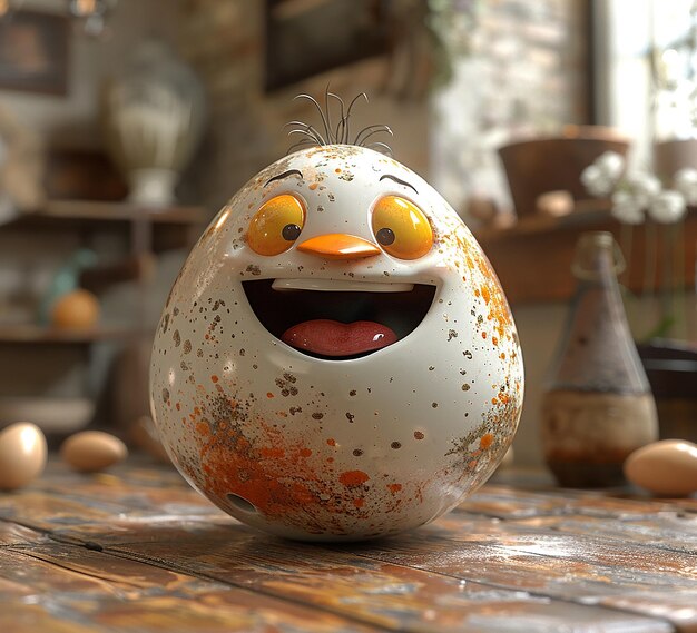 una foto en 3D del diseño del personaje de la sonrisa de huevo