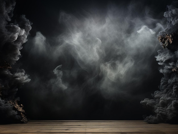 foto 3d fundo de exibição grunge escuro com papel de parede de sala de fumaça com atmosfera esfumaçada
