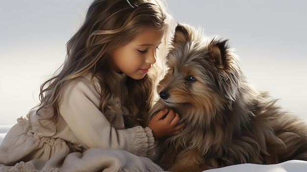 Foto en 3D de una hermosa niña con un perro