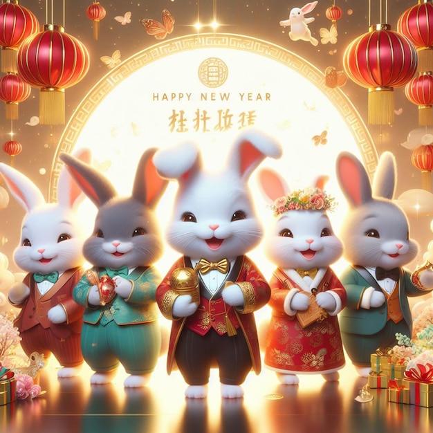 Foto 3d de ilustración para el feliz año nuevo chino 2024 El trasfondo del signo del zodiaco del conejo